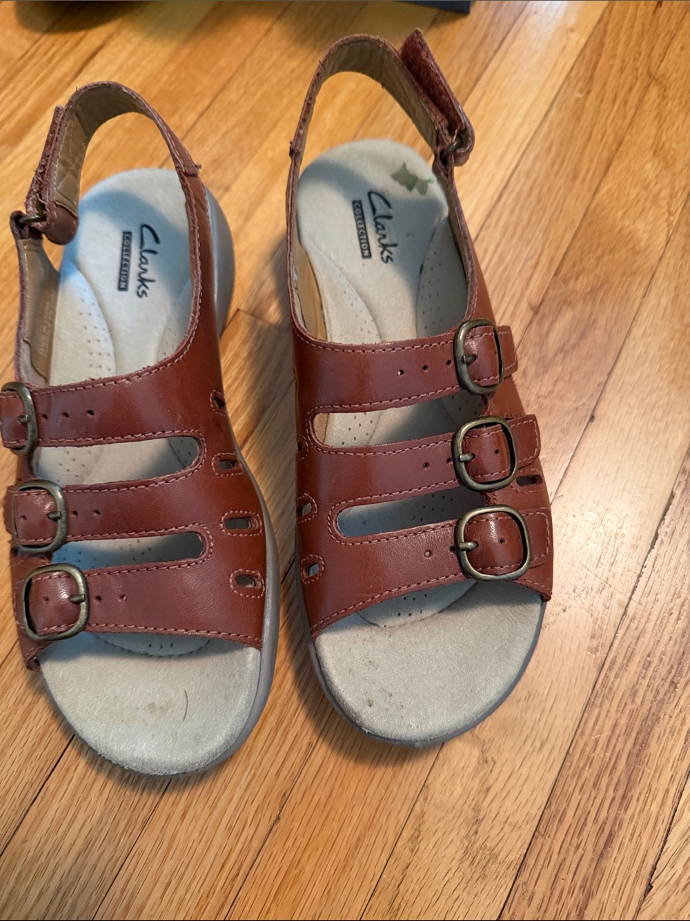 Clarks women's  Tan Triple-Buckle Leather Sandals